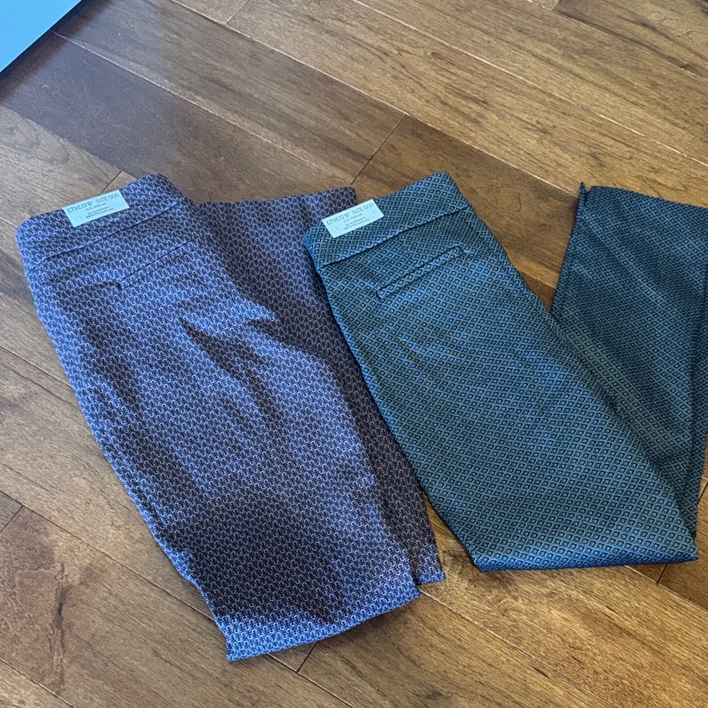 2 Chico's women’s Brigette Slim Leg Chinos - pink and gray Patterned. NWT.